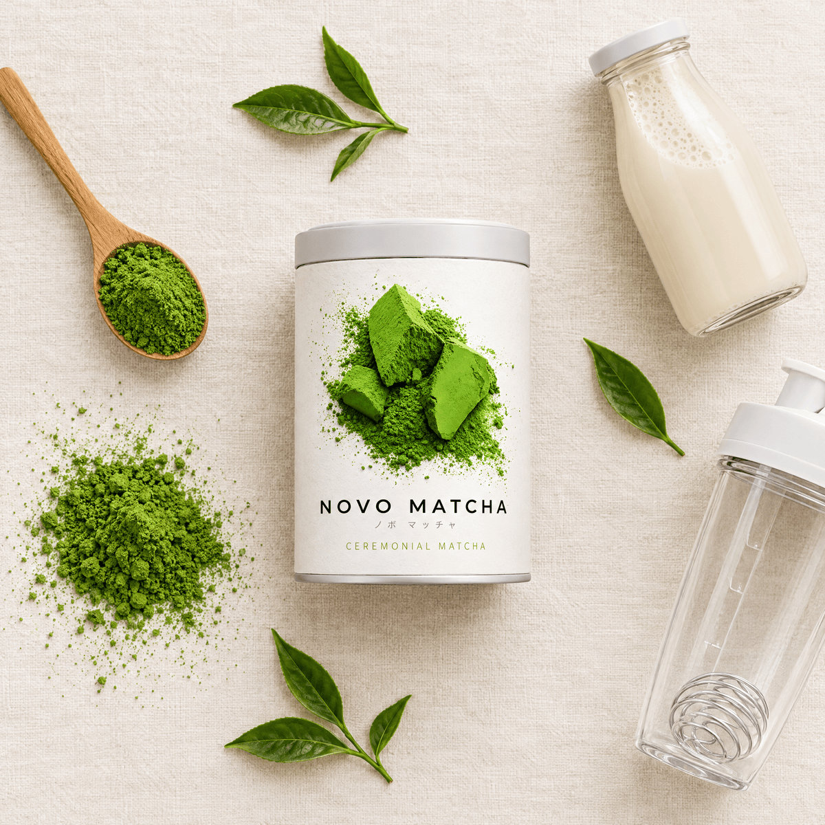 NOVO Protein Matcha Flatlay mit Matcha Pulver