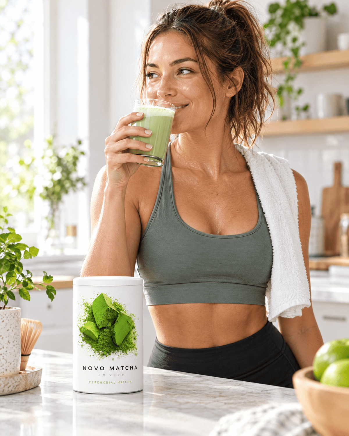 Frau trinkt NOVO Matcha Latte nach dem Training